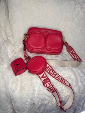Michael Kors Hot Pink Pebbled Leather Crossbody Set with Logo Strap